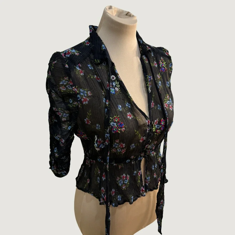 Free People Black Embroidered Floral Crinkle Sheer Smocked Peplum Top Cottage S